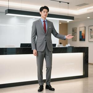 夏季灰色男士職業(yè)裝前臺(tái)商務(wù)西服套裝定制藍(lán)襯衫紅領(lǐng)帶